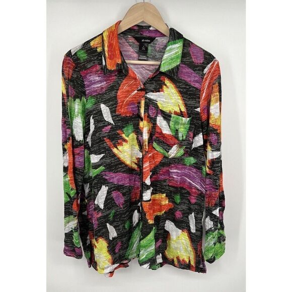 Ali Miles Abstract Print Button Colorful Roll Tab Wearable Art Tunic Size Small - Picture 1 of 5